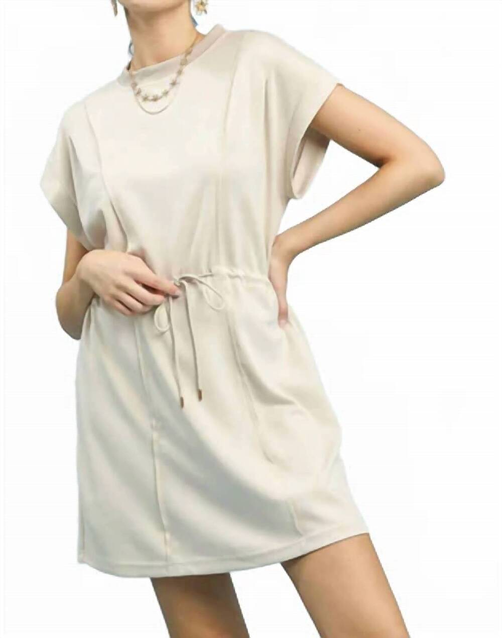 NEW BABY PINK drawstring waist mini dress in ecru